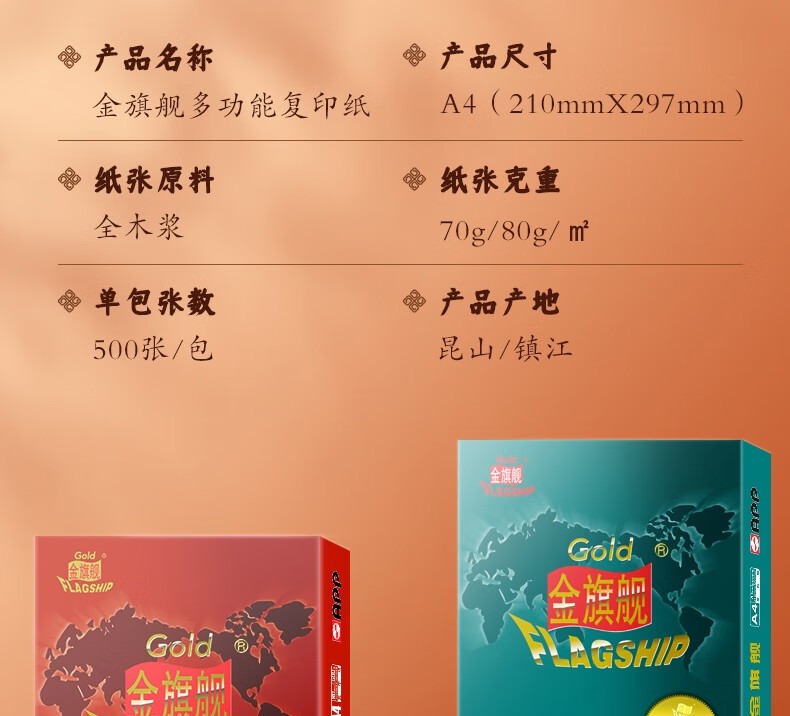 金旗舰A4/80g 复印纸 高档双面 打印纸 500张/包 5包/箱（2500张）APP金光