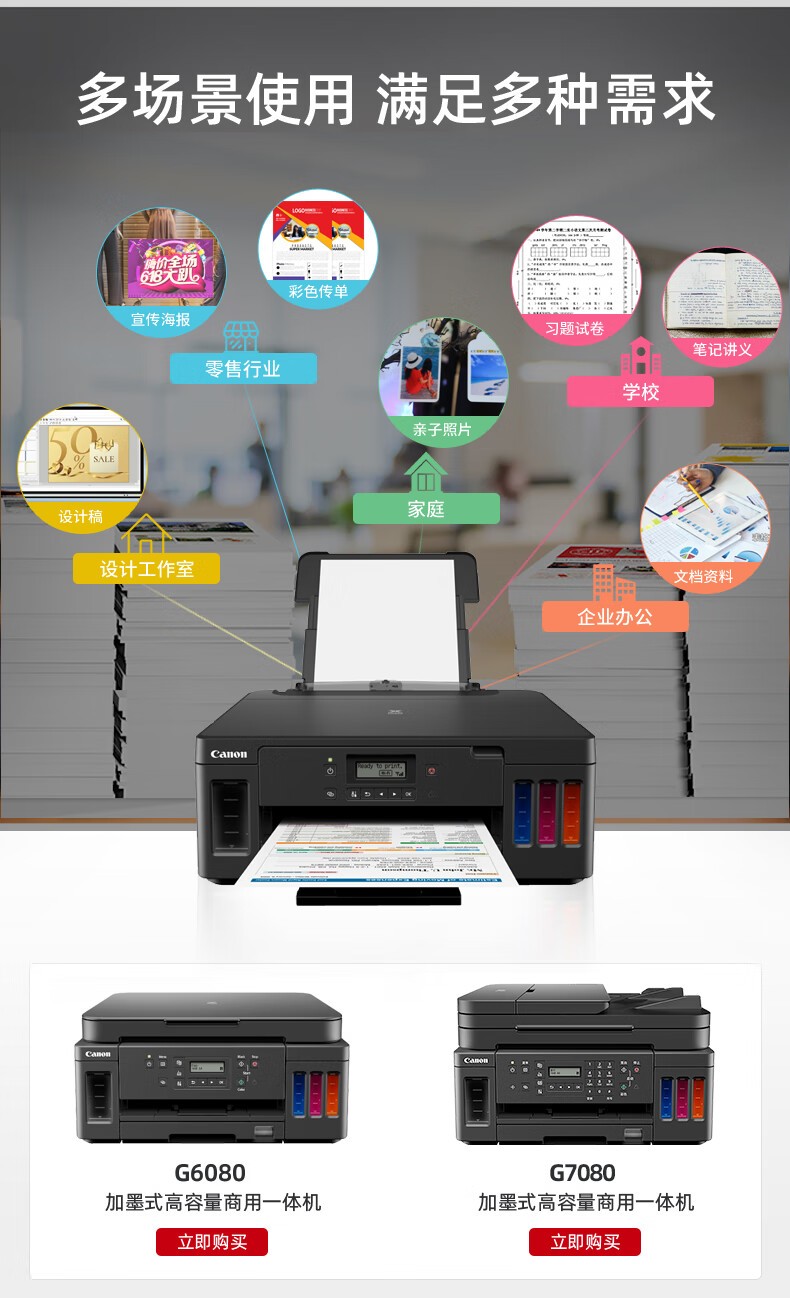 佳能（Canon）G5080大容量可加墨打印机手机无线连接彩色喷墨家用办公自动双面A4 单打印-无线-8300页 官方标配GI-80系列墨水