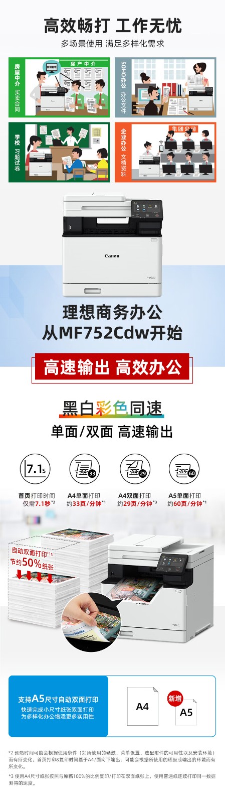 佳能（Canon）iC MF752Cdw A4幅面无线彩色激光多功能一体机（打印/复印/扫描/自动双面/自动输稿器家用 ）